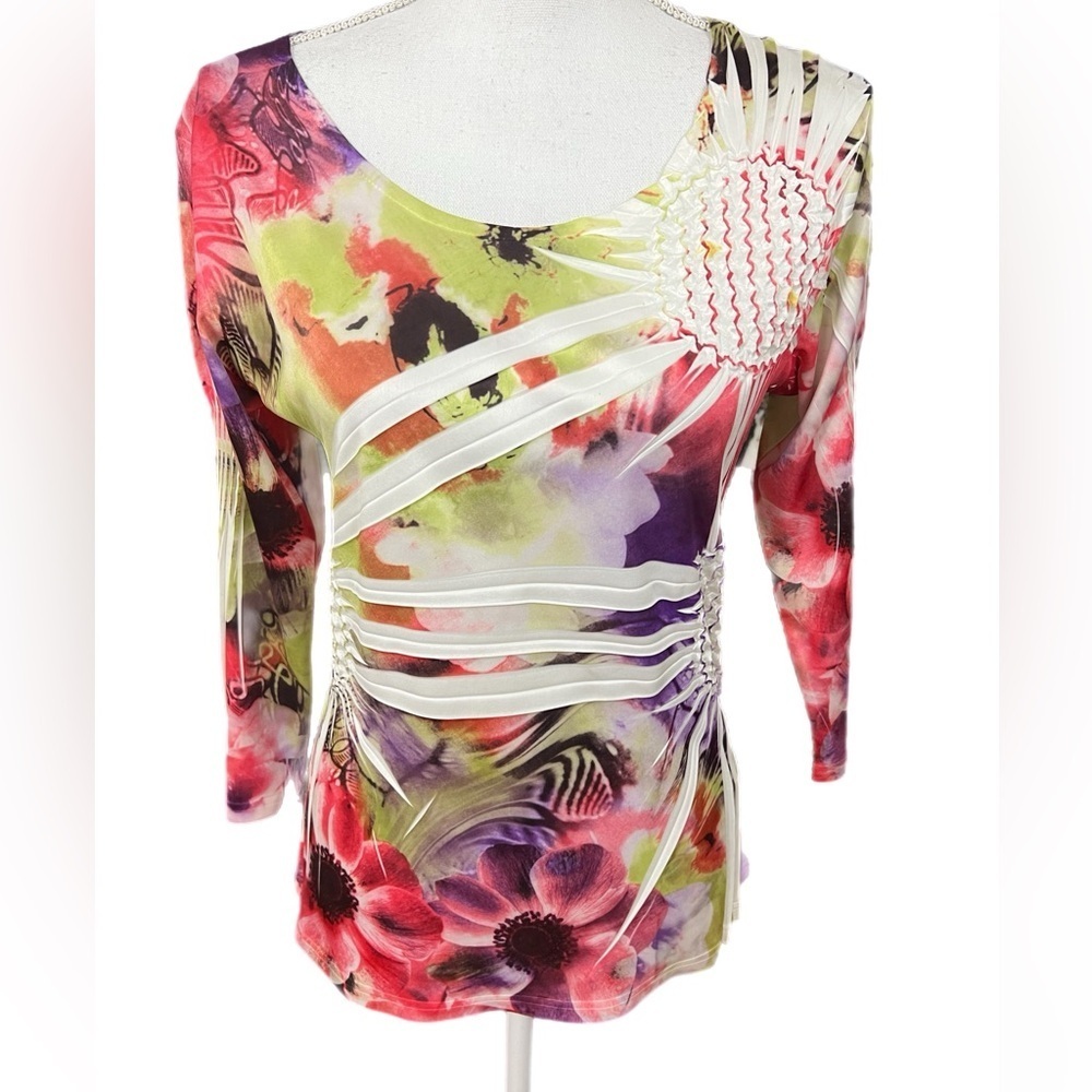 Appraisal Womens Top Size Small Floral Abstract Print 3/4 Sleeve Scoop Neck - Picture 2 of 5